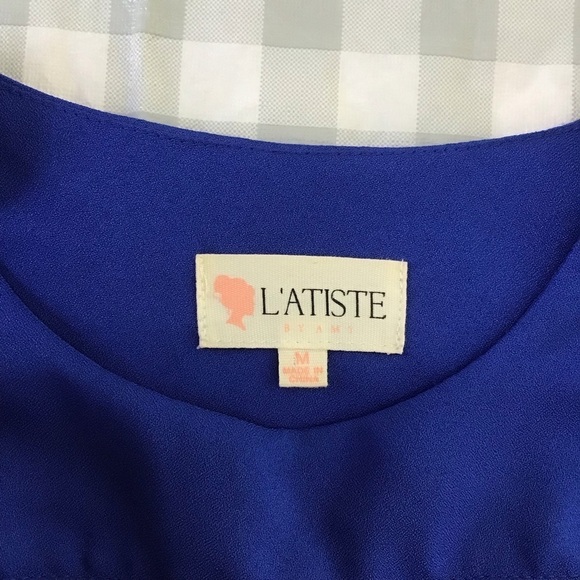 L’atiste by Amy cerulean blue dress fit&flare open back sleeveless sheer medium - Picture 4 of 15